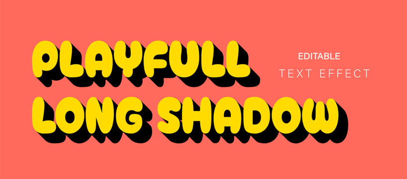 Playful long shadow 3D text effect with rounded yellow letters on pink background, editable vector typography for fun branding, social media graphics, and creative poster design projects