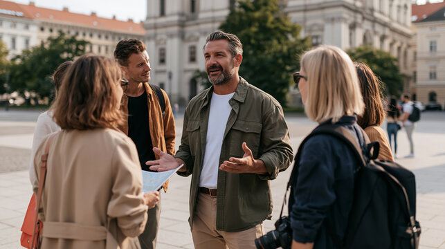 Professional male tour guide explaining historic architecture to a diverse group of tourists, city square, maps and cameras, guided sightseeing, cultural tourism, travel group,
