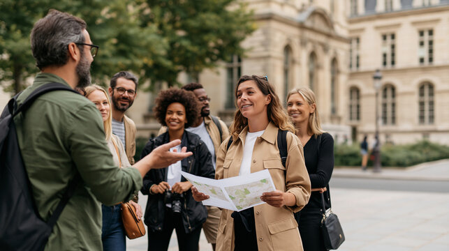 Professional male tour guide explaining historic architecture to a diverse group of tourists, city square, maps and cameras, guided sightseeing, cultural tourism, travel group,