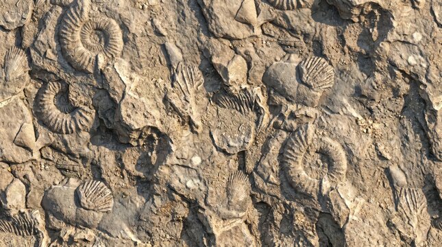 Close-up view of multiple ammonite fossils embedded in rough, textured sedimentary rock, showing spiral shell patterns and prehistoric marine remains in shades of brown and grey