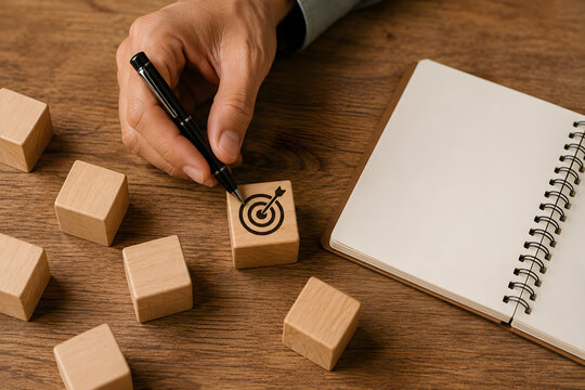 Professional hand drawing a dartboard target on wooden blocks for strategic business goal setting success planning