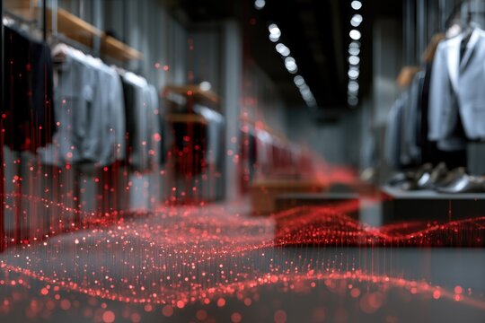 Modern retail clothing store interior with digital red glowing particle grid overlay symbolizing futuristic technology and data connectivity in fashion industry