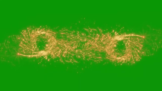Abstract golden holiday particles, sparkling fireworks, shining glitter dust, festive luxury celebration lights, magical bokeh glow, christmas and new year motion background on green. 4k footage
