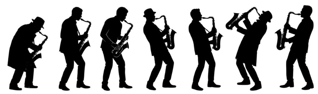 Saxophone players silhouettes performing jazz music against a white background. Ideal for music festival posters, jazz concert banners, and nightlife flyers.