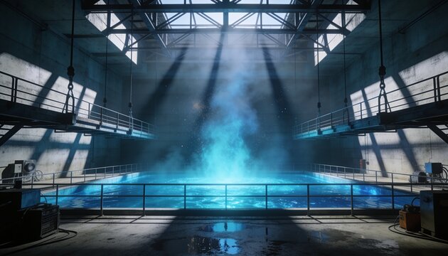 Wide shot of research reactor hall with brilliant blue cyan glow rising from central water pool illuminating high ceiling, silhouetted railings and walkways, volumetric light haze