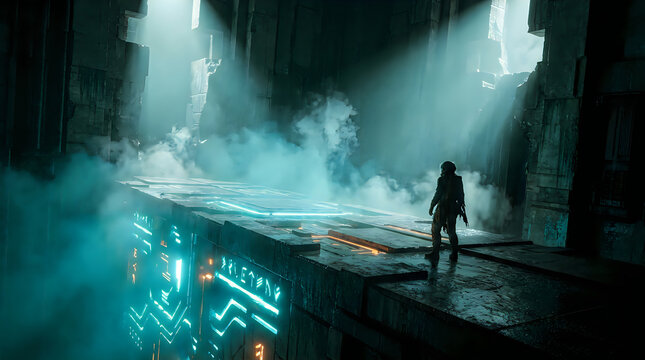 Futuristic temple ruins with glowing teal runes, explorer silhouette in misty ancient chamber, cinematic sci-fi dungeon environment