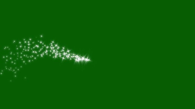 Shining white glitter star sparkle animation, magical dust trails, twinkling fairy stars, glowing light bursts, sparkling line motion effect, fantasy starlight transition on green background, 4K
