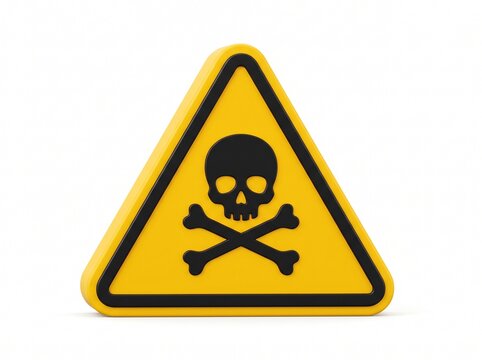 Yellow triangular danger warning sign with skull and crossbones icon indicating toxic hazard or poison risk on white background