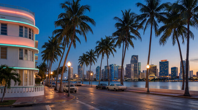Miami waterfront cityscape with palm-lined road and illuminated skyline at blue hour