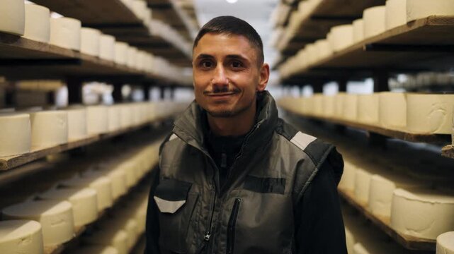 Young cheese maker smiling at the camera in a cheese factory. Rows of cheese wheels are aging on wooden shelves in the warehouse