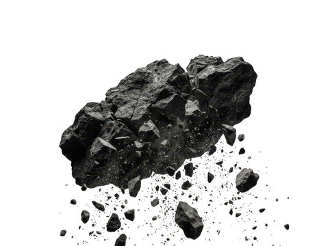 Large jagged rock formation breaking apart with smaller debris fragments floating in transparent space transparent background