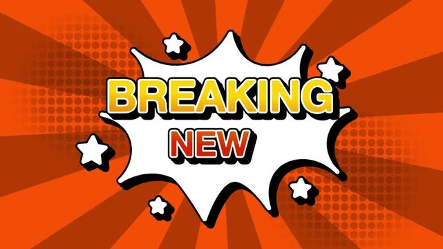 Breaking News text word lettering popup comic cartoon reveal with bomb and smoke explosion manga anime book page dots with radial speed lines doodle orange background with seamless loop animation