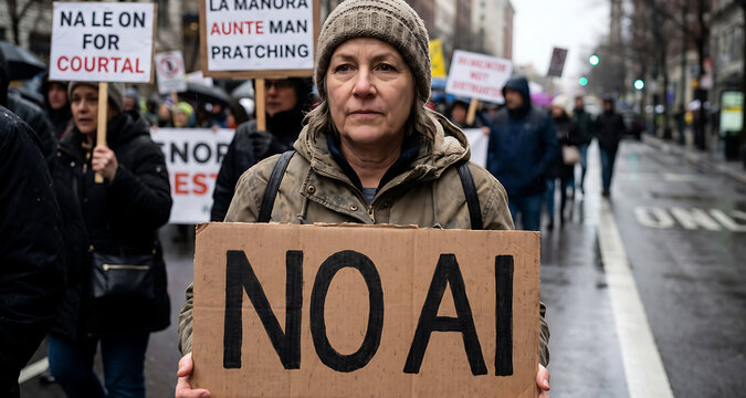 Woman holding a cardboard protest sign reading no ai at a street demonstration in the rain
