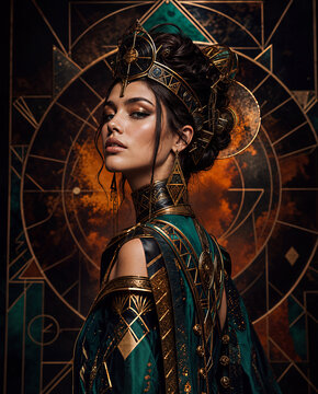 Regal woman in intricate gold headdress and teal geometric dress poses against dark celestial mandala