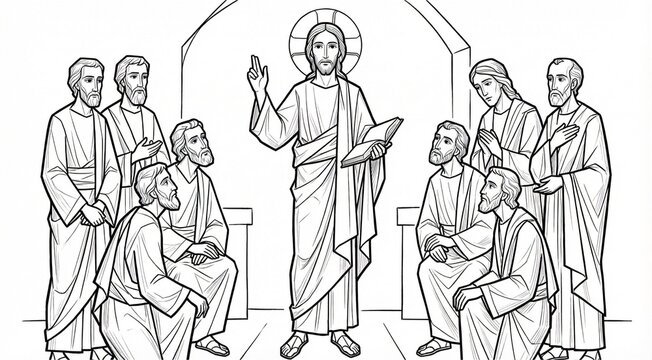 Jesus teaching a seated group of disciples