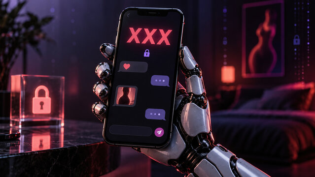 A humanoid robotic hand holds a smartphone with the letters XXX. Private chat, online adult pornography, OnlyFans concept.