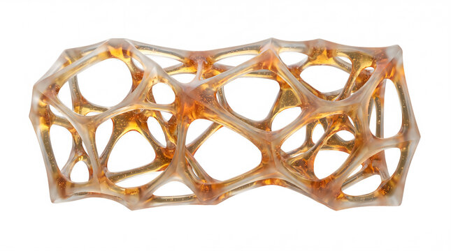 Organic amber lattice structure, 3D printed voronoi sculpture, translucent orange geometric mesh on white background