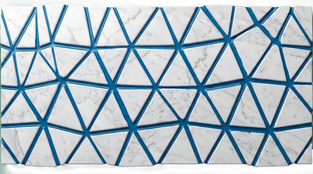 Geometric white marble mosaic with blue grout, modern triangular stone tile pattern, luxury architectural wall texture