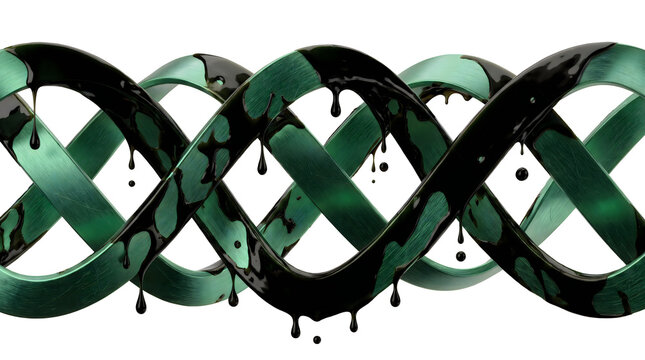 Metallic green DNA double helix with dripping black oil, biological genetic mutation concept, medical science illustration