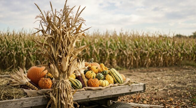 Autumn harvest cart with dried corn stalks and colorful gourds. Farm wagon with pumpkins and squash in a cornfield