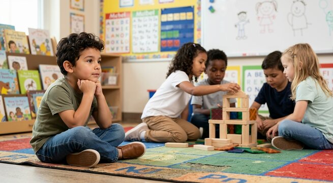 Hispanic boy watching children build wooden blocks tower in classroom. Lonely student observing classmates during play. Inclusive education concept