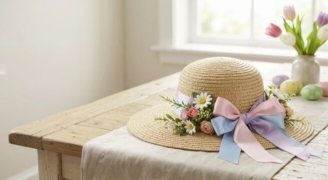 Straw Easter bonnet with satin ribbons and flowers on rustic table. Spring holiday fashion accessory. Copy space for text