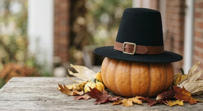 Black pilgrim hat on a large orange pumpkin. Thanksgiving and autumn harvest decoration on a rustic wooden table with Indian corn and fall leaves
