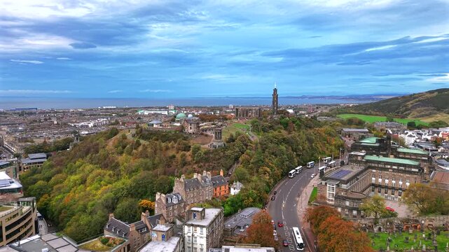 Beautiful Aerial View of Calton Hill and Edinburgh Skyline, Scotland