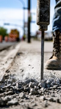 Construction worker using a jackhammer to break concrete on an outdoor urban street with dust and debris flying around on a sunny day