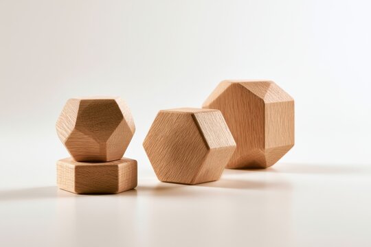 Set of polished wooden geometric shapes with natural finish displayed on a clean white surface with soft lighting and minimalistic background