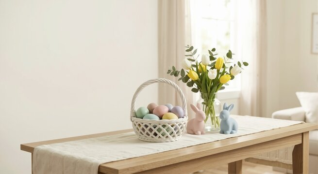 Pastel Easter decorations with colored eggs in woven basket and spring tulips in vase. Ceramic bunnies on wooden table. Copy space for text