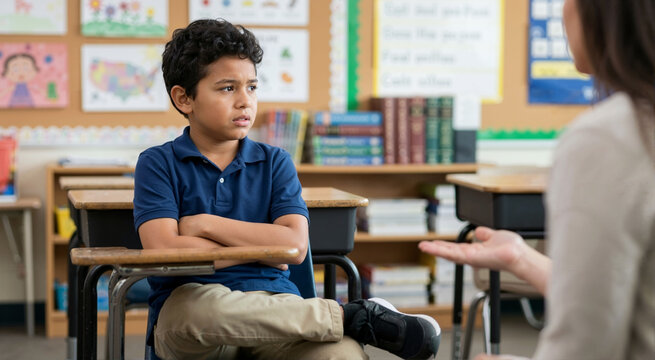 Young boy sitting at school desk with arms crossed looking at teacher. Frustrated elementary student in classroom. Teacher and pupil interaction concept