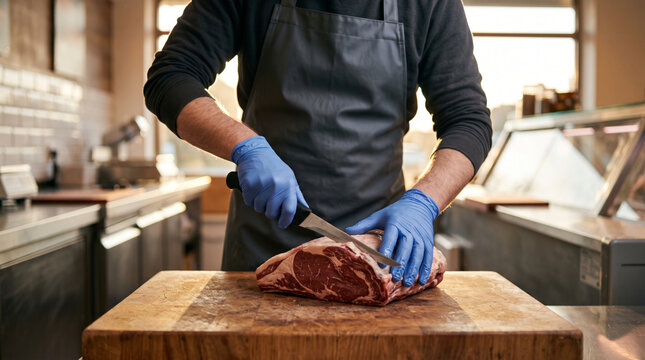 Butcher wearing blue gloves meticulously cuts a large raw beef roast on a wooden cutting board