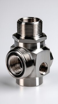 High precision stainless steel industrial connector with multiple threaded ports for fluid or gas system integration on white background