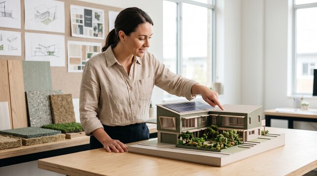 Architect presenting green home model, sustainable residential design studio