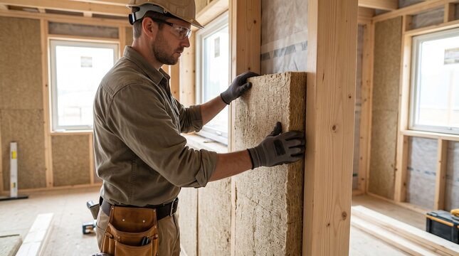 Worker installing natural insulation, green home construction detail