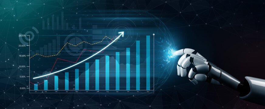 A robotic hand interacts with a data visualization chart, symbolizing advanced technology and innovation in analytics. This image represents growth and future trends in various industries. Scalp