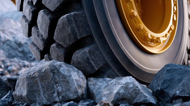 Heavy construction vehicle tire rolling over rough rocky terrain with large rugged stones in an outdoor industrial site setting