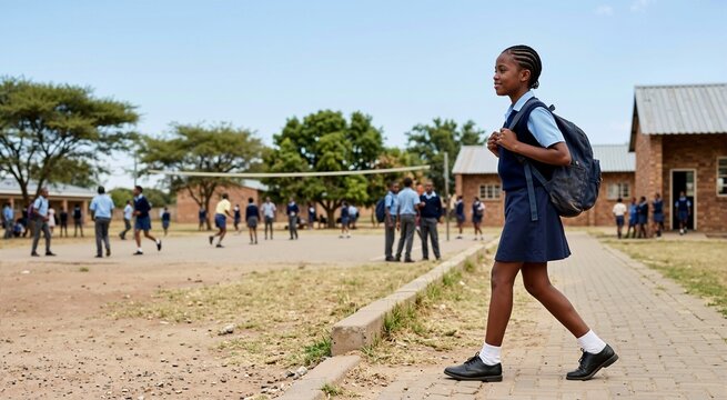 African schoolgirl walking alone with backpack during outdoor recess. Student crossing school playground