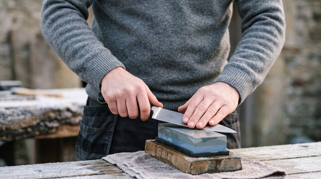 Man sharpening a kitchen knife on a whetstone outdoors in winter