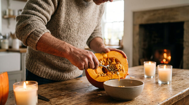 Man scooping seeds from fresh pumpkin to prepare homemade recipe