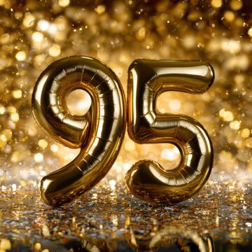 Shiny metallic gold balloons shaped as number ninety-five with glittery sparkling background for celebration or anniversary party decoration concept