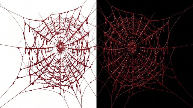 Red spider web texture on black and white backgrounds, spooky cobweb design elements, creepy blood red spiderweb for halloween horror decor