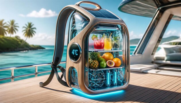 Futuristic solar powered mini refrigerator backpack cooler with transparent smart display showing fresh fruits and cocktails on a luxury yacht, innovative portable fridge concept, generative AI 3D ren