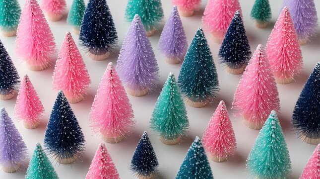 Small pastel and bright colored bottlebrush trees arranged on plain backdrop. Mini decorative firs with artificial snow, craft supplies for holiday season, party decor, DIY projects.