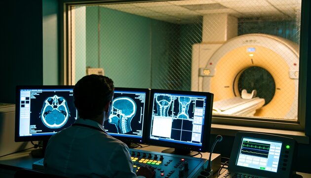 Radiology technologist from behind at control console with multiple monitors showing abstract glowing scan imagery, leaded glass window into dim scanner room, cyan and amber lighting contrast
