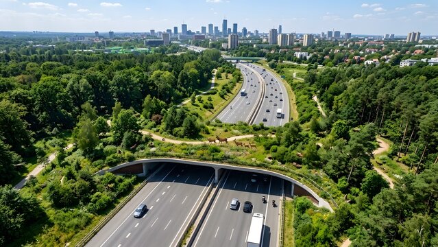 Aerial view of a highway passing through a green urban area with a wildlife overpass, cityscape in the distance