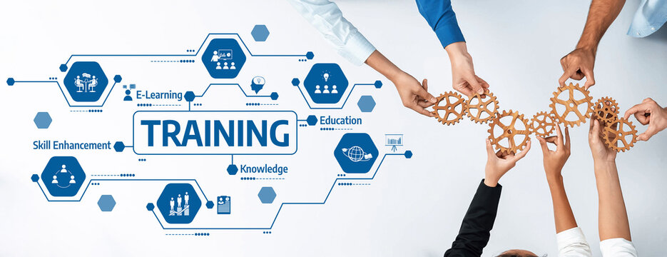 A visual representation of modern training techniques featuring people working together with gears, highlighting e-learning, skill enhancement, and the importance of knowledge in education. Amity