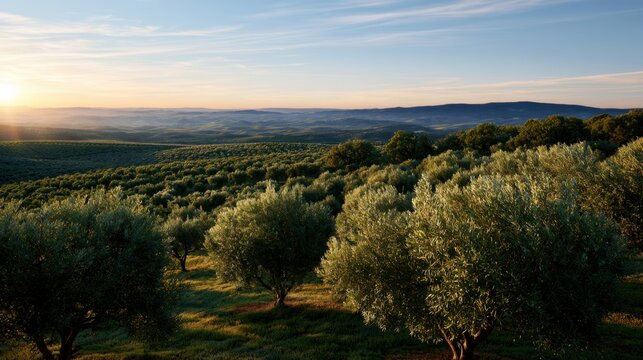 Scenic sunset over extensive olive tree groves with rolling hills and clear sky creating a peaceful natural landscape in rural countryside
