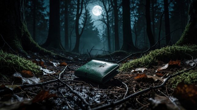 Green wallet lies on damp forest floor under bright moon. Dark woods, dead leaves, twigs surround lost item. Night scene hints at mystery and suspense.